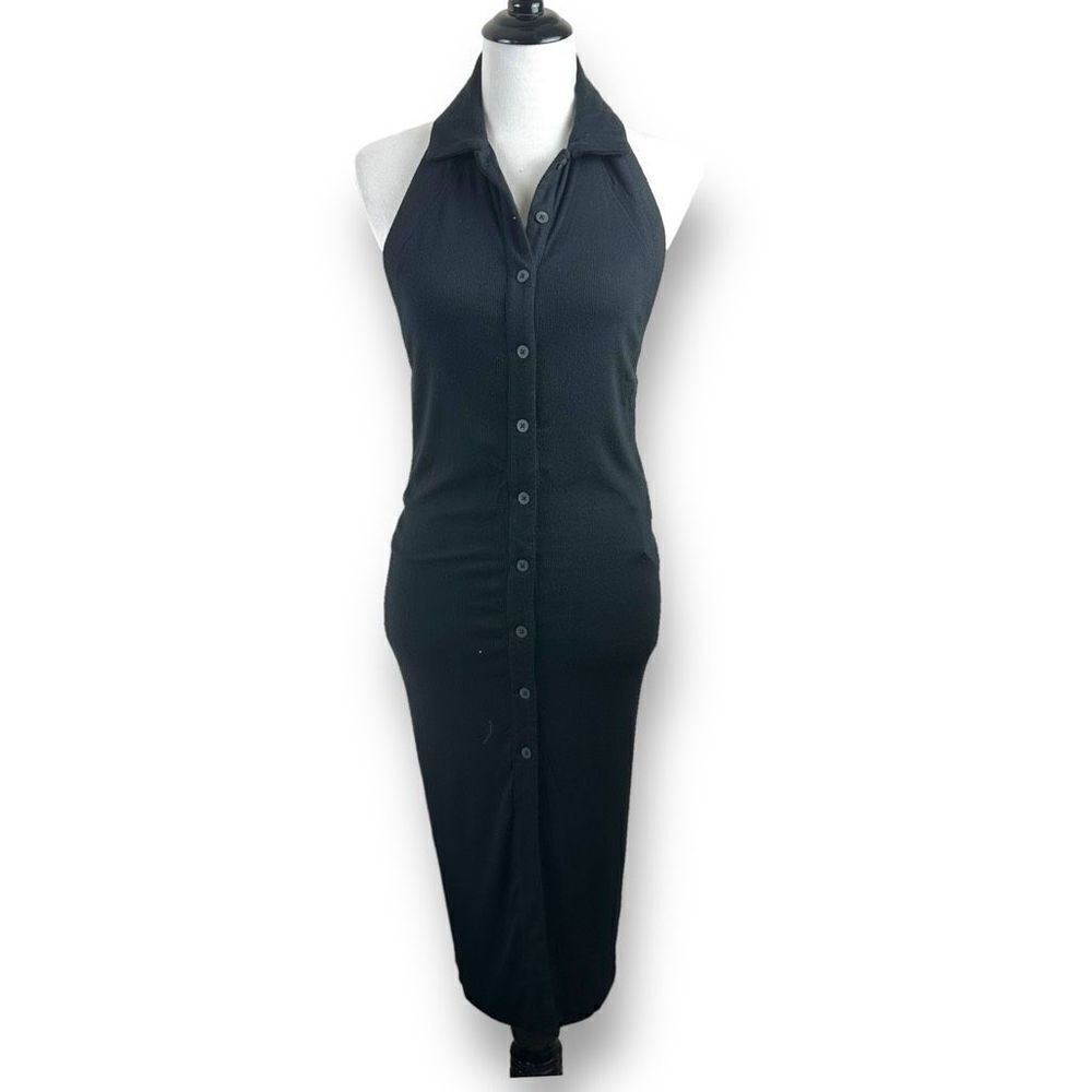 Alix NYC Women's L Alcott Collared Halter Dress Black Button Front Open Back